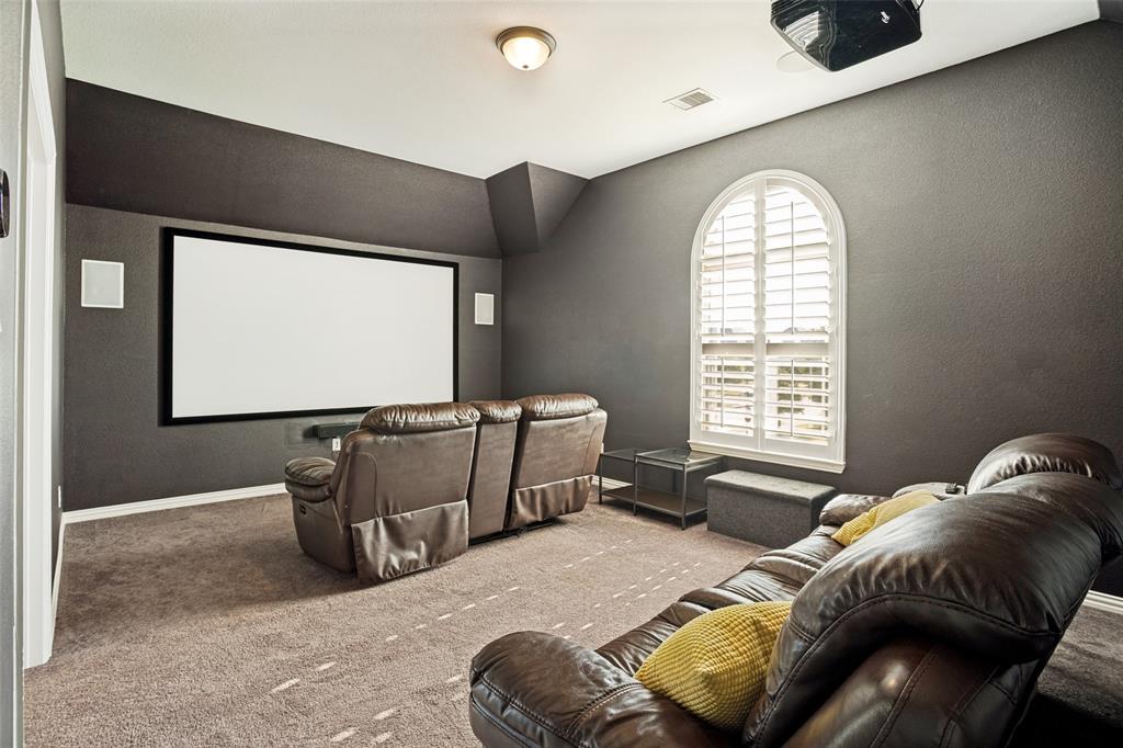 1461 Ramsbury Lane Prosper, TX 75078 - Photo 14 of 30 Dedicated media room featuring a large projection screen, mounted speakers, and a ceiling-mounted projector