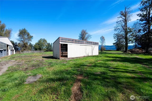 a view of a backyard with large trees
