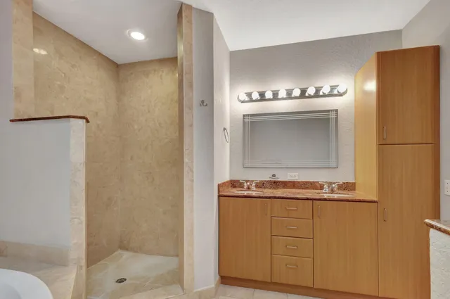 a bathroom with a sink a mirror and a shower