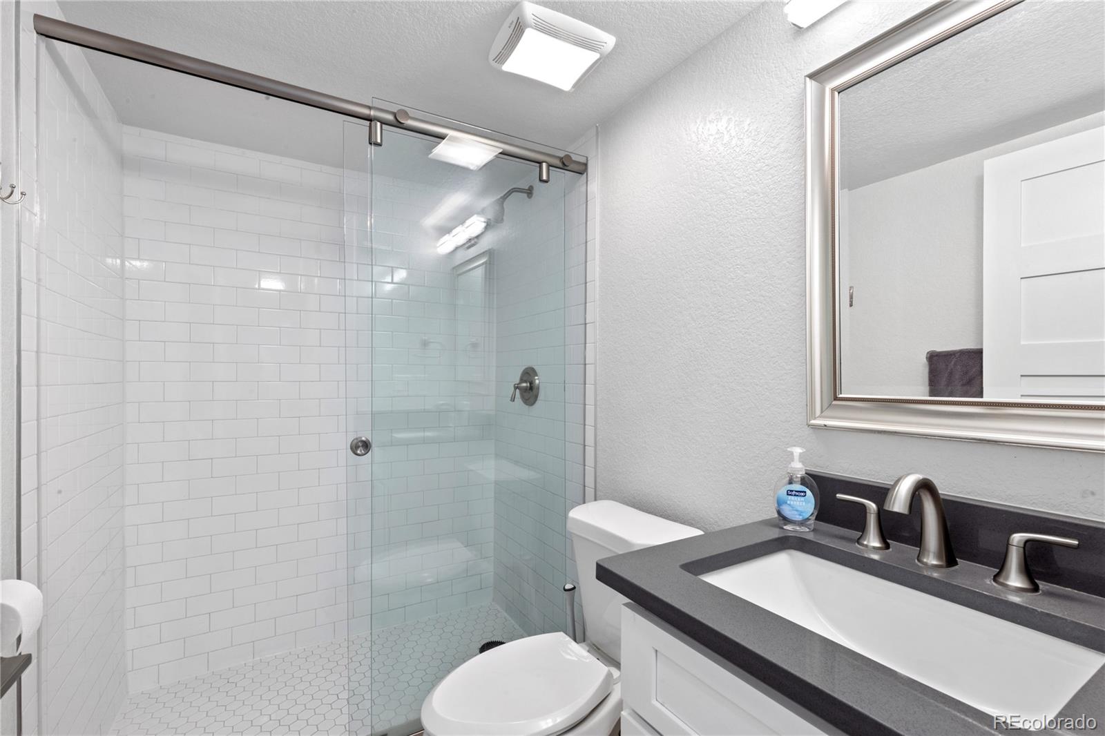 3764 South Niagara Way Denver, CO 80237 - Photo 41 of 50 a bathroom with a sink toilet a mirror and shower