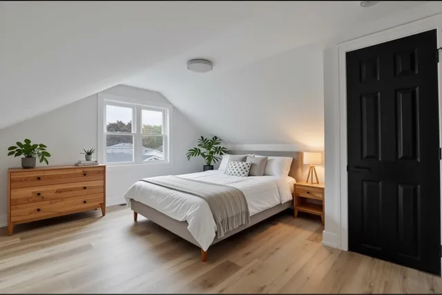 a bedroom with a bed and a window