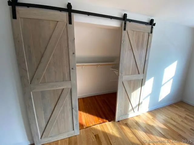 a view of walk in closet with a fireplace and wooden floor