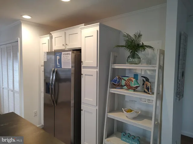 a kitchen with a refrigerator and a potted plant