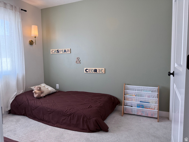 774 West 480 South American Fork, UT 84003 - Photo 69 of 76 Carpeted room featuring a window with sheer white curtains, a wall-mounted sconce with a fabric shade and brass-tone base, and a white paneled door with a black knob