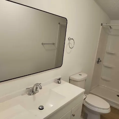 a bathroom with a sink toilet and shower