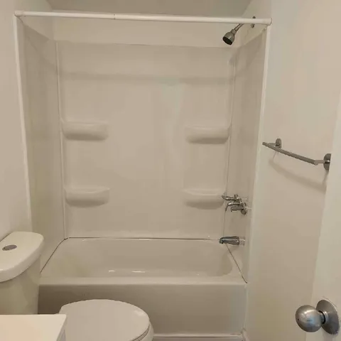 a bathroom with a toilet and a shower
