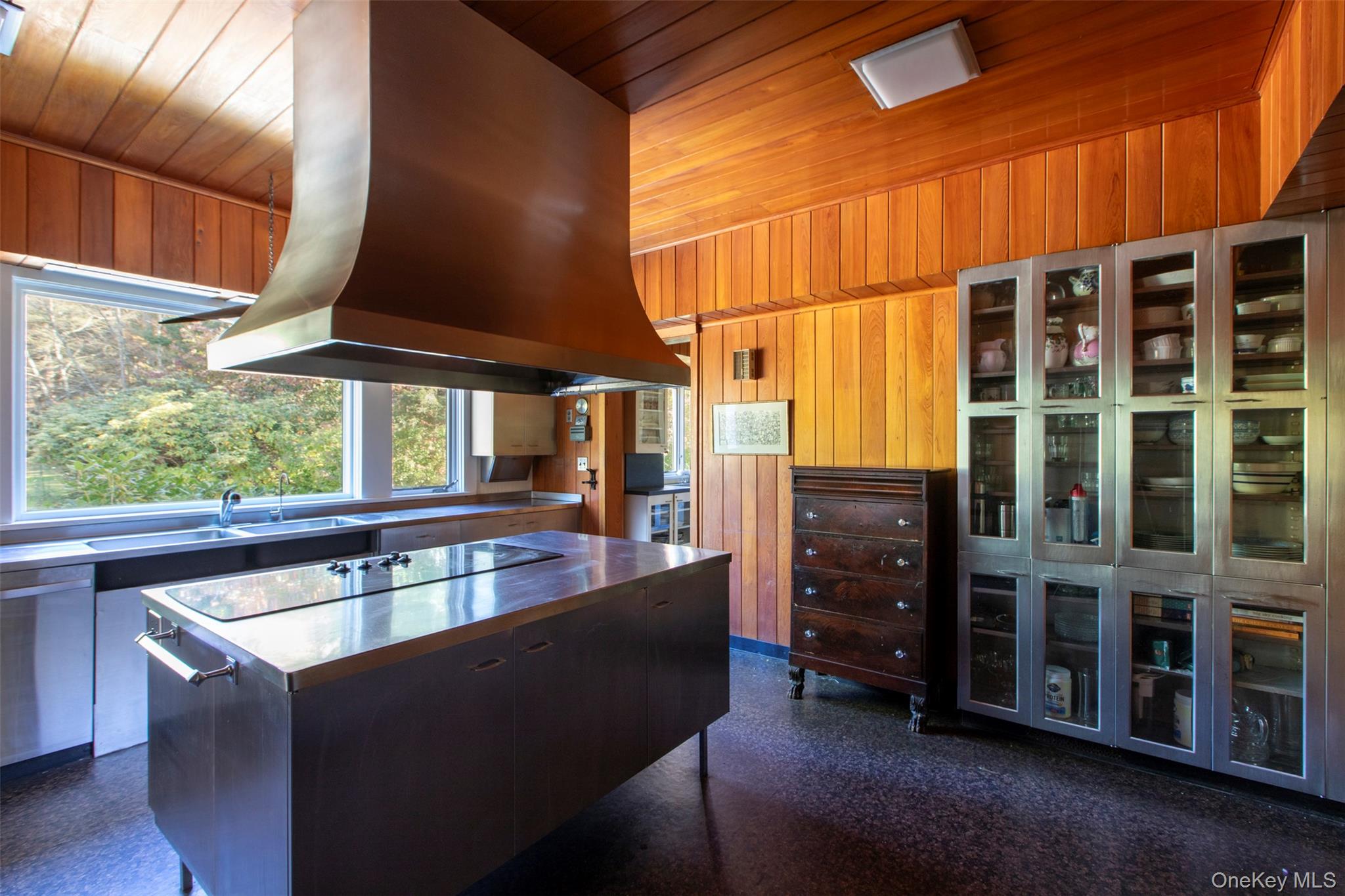 390 Erpf Road Arkville, NY 12406 - Photo 22 of 50 Kitchen featuring island exhaust hood, wood ceiling, wooden walls, a kitchen island, butcher block countertops, butlers pantry