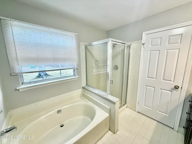 a bathroom with a bathtub and a shower
