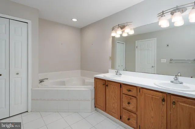 a bathroom with a tub sink double vanity and a mirror