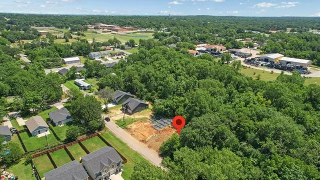 a view of a yard with plants and trees
