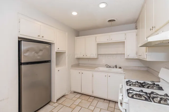 a kitchen with a refrigerator a stove a sink and cabinets