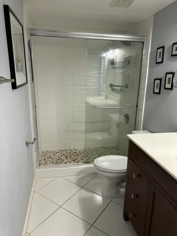 a bathroom with a shower and a toilet