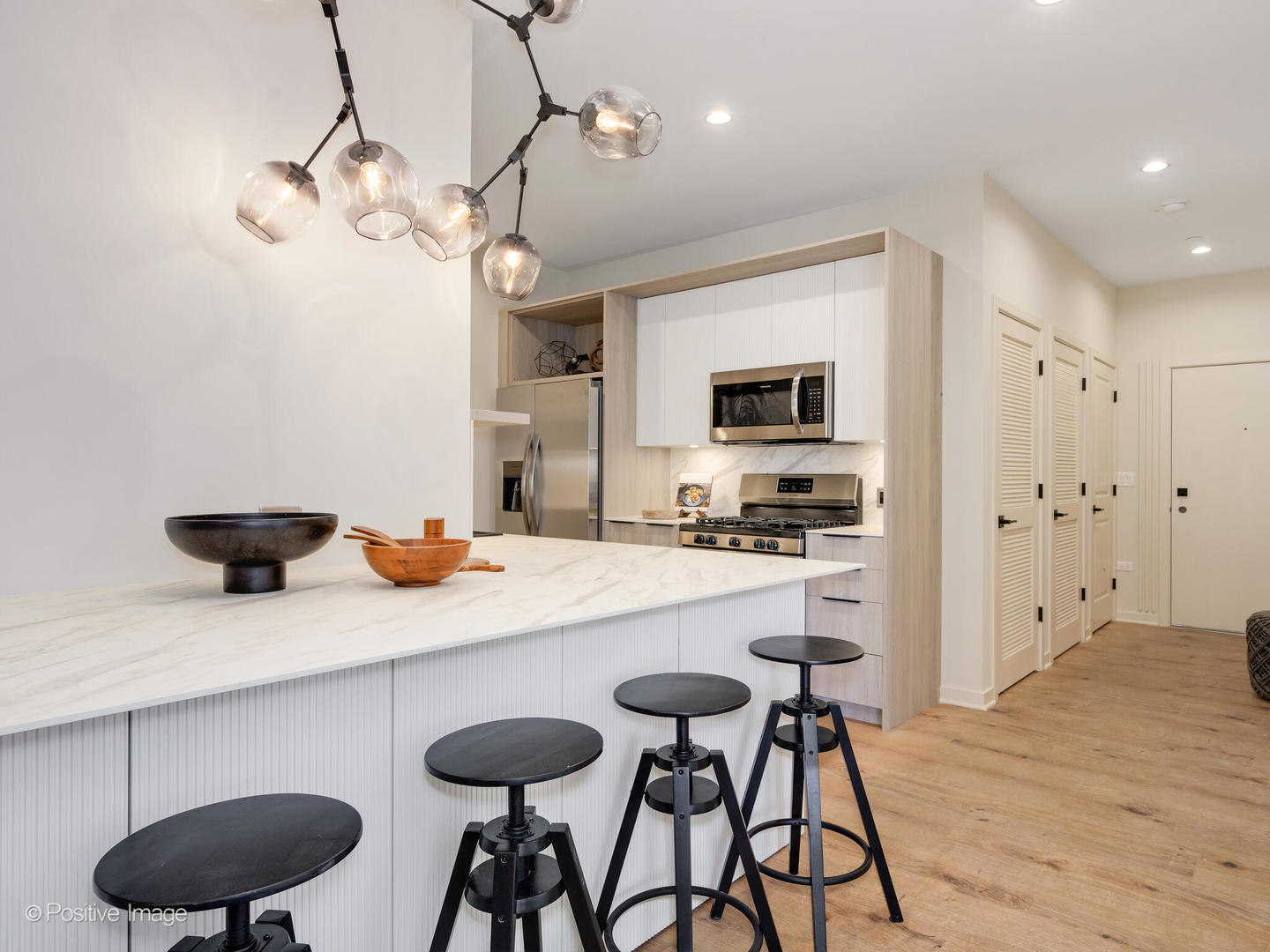 11 West Prospect Avenue, Unit 411 Mount Prospect, IL 60056 - Photo 10 of 71 a kitchen with stainless steel appliances granite countertop a sink a stove a refrigerator and a dining table with wooden floor