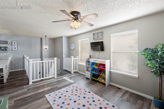 1830 Doherty Road Colorado Springs, CO 80916 - Photo 3 of 34 Bedroom featuring dark wood-type flooring, ceiling fan, a textured ceiling, and multiple windows