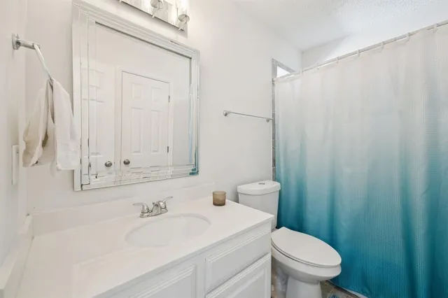 a bathroom with a sink a toilet and shower curtain