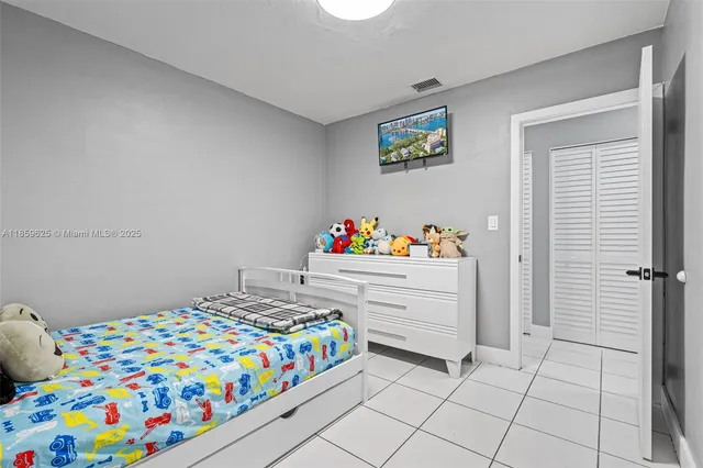 a bedroom with a bed and a dresser in it