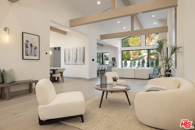 a living room with furniture and a large mirror with potted plants