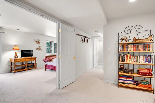 a bedroom with furniture and a book shelf