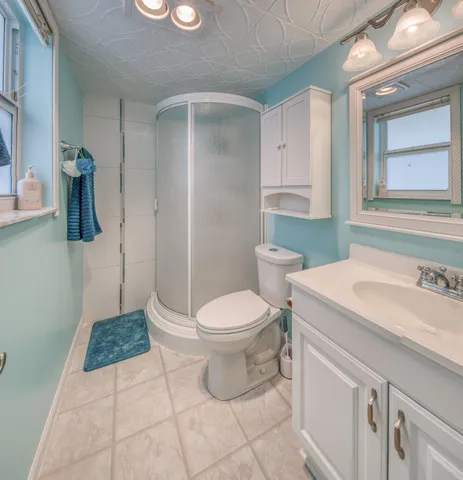 a bathroom with a sink a toilet and a shower