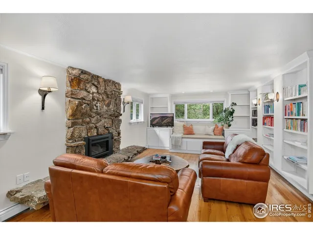 a living room with a potted plant