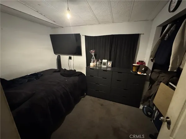 a bedroom with a bed closet and television
