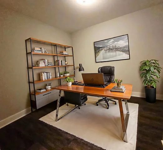 a view of a workspace with a bookshelf
