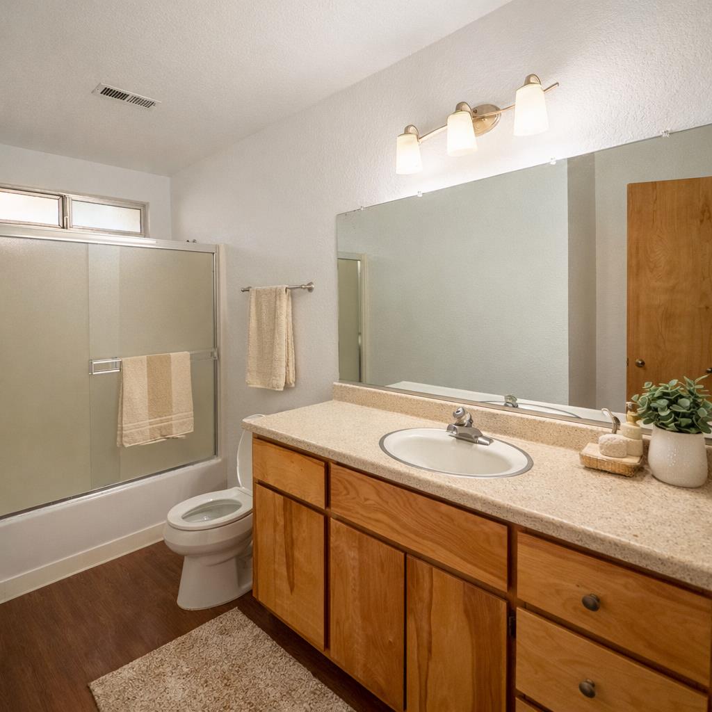 494 Surrey Court Murphys, CA 95247 - Photo 41 of 76 a bathroom with a granite countertop sink a toilet a mirror and shower
