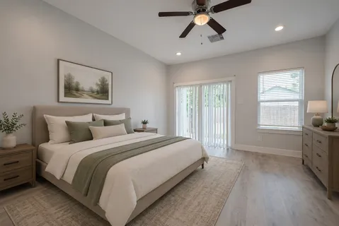 a spacious bedroom with a bed and a window