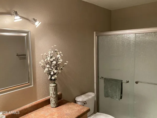 a bathroom with a toilet shower and a sink