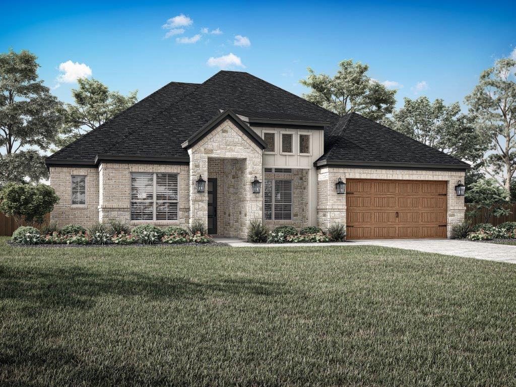 405 Kanarra Crk Road Jarrell, TX 76537 - Photo 1 of 2 French country home featuring stone siding, driveway, a garage, roof with shingles, and brick siding