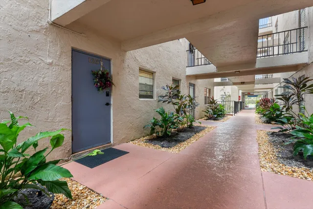 a view of a house with potted plants