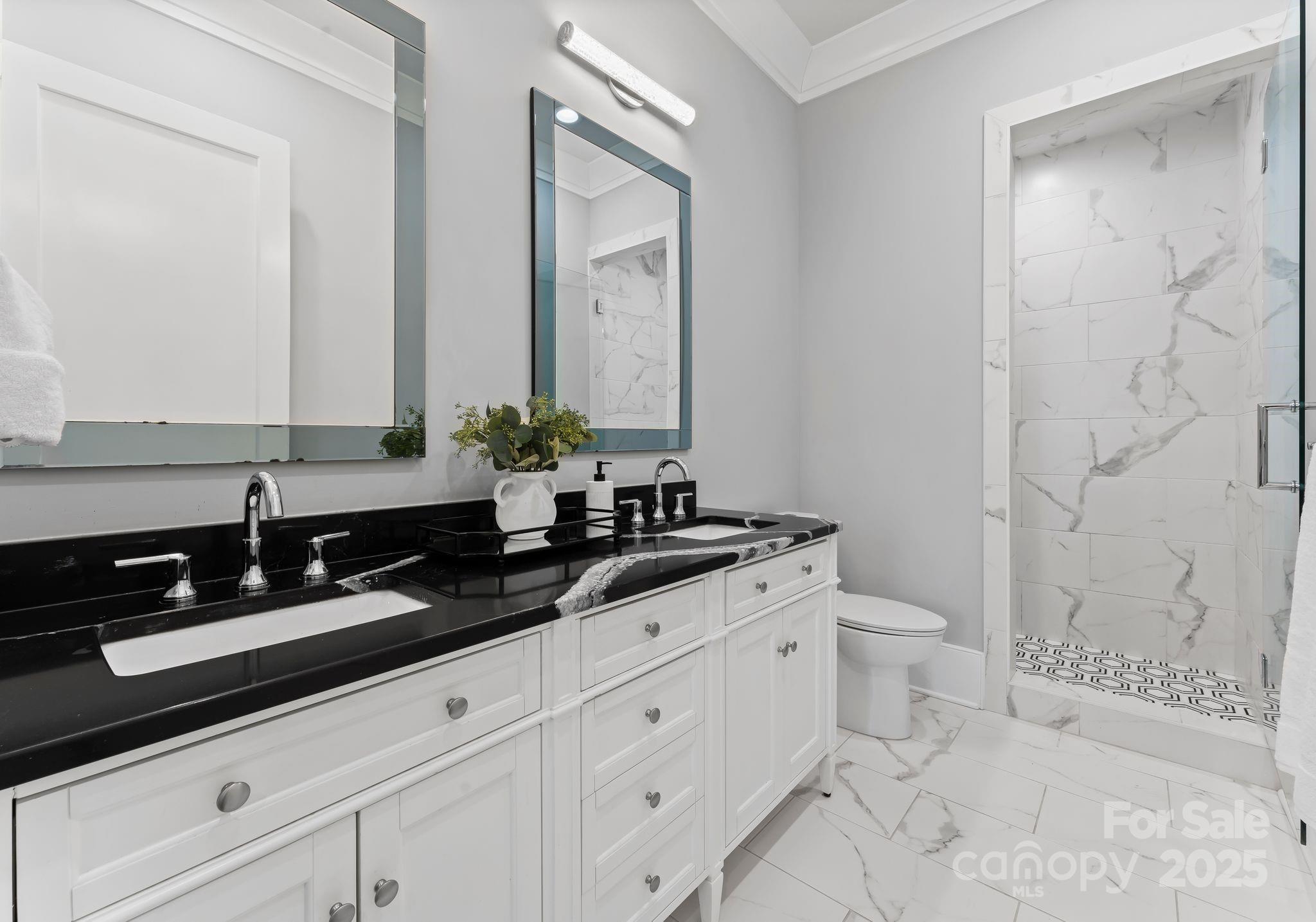 19329 Watermark Drive, Unit 551 Cornelius, NC 28031 - Photo 18 of 25 a bathroom with a granite countertop sink a toilet a mirror and shower