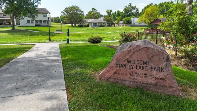 a view of a park with a large trees