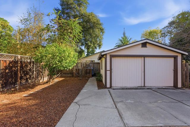 a view of a house with a yard plants and large tree
