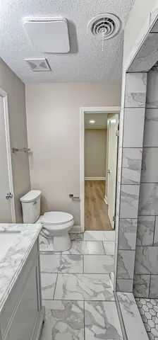a bathroom with a granite countertop shower a toilet and a sink