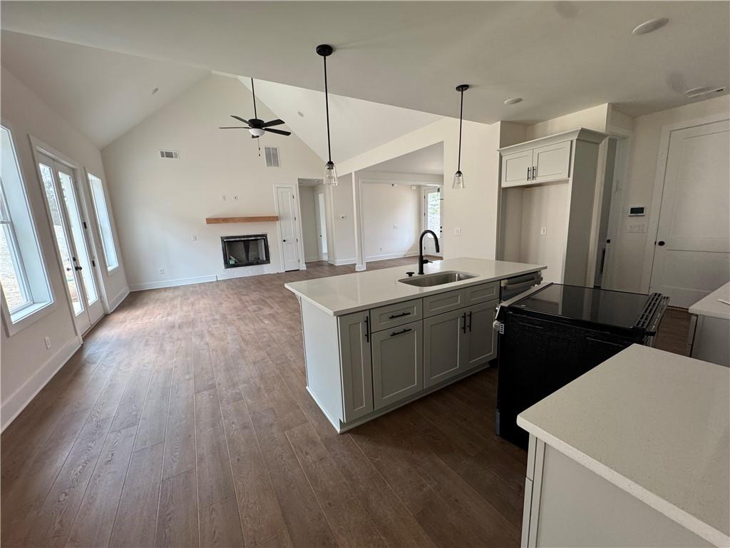 1699 Darby Road Waleska, GA 30183 - Photo 6 of 17 a kitchen with a sink a stove a refrigerator and a fireplace