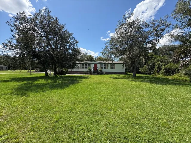 a view of a park with large trees