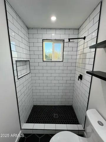 a bathroom with a sink a toilet a mirror and shower