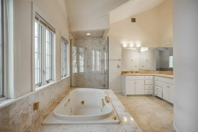 a bathroom with a tub a sink shower and mirror