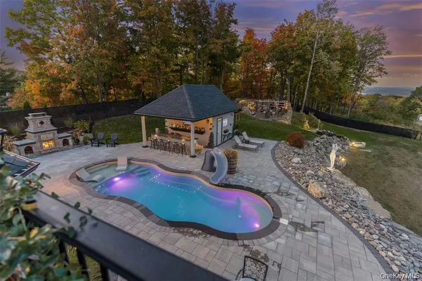 an outdoor space with furniture
