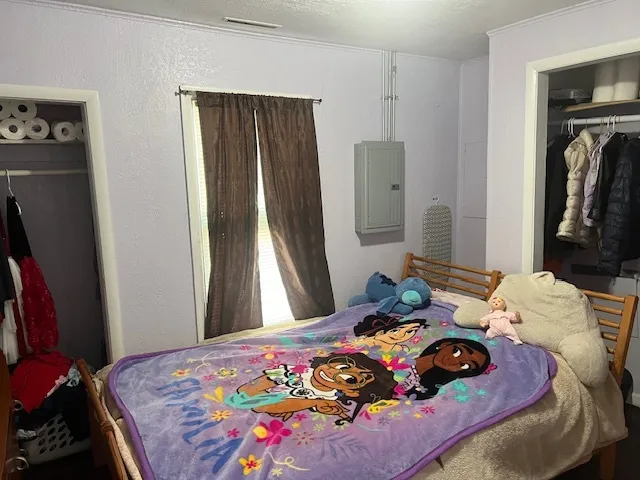 a bedroom with a bed and a walk in closet