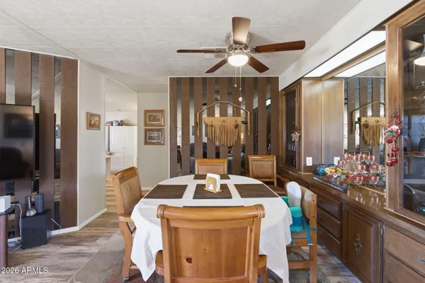 a view of a dining room with furniture