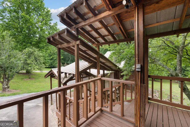 a backyard of a house with plants and large tree