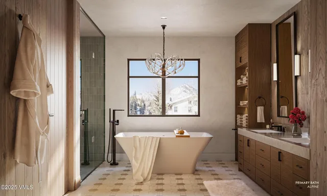 a bathroom with a granite countertop sink a mirror and a bathtub