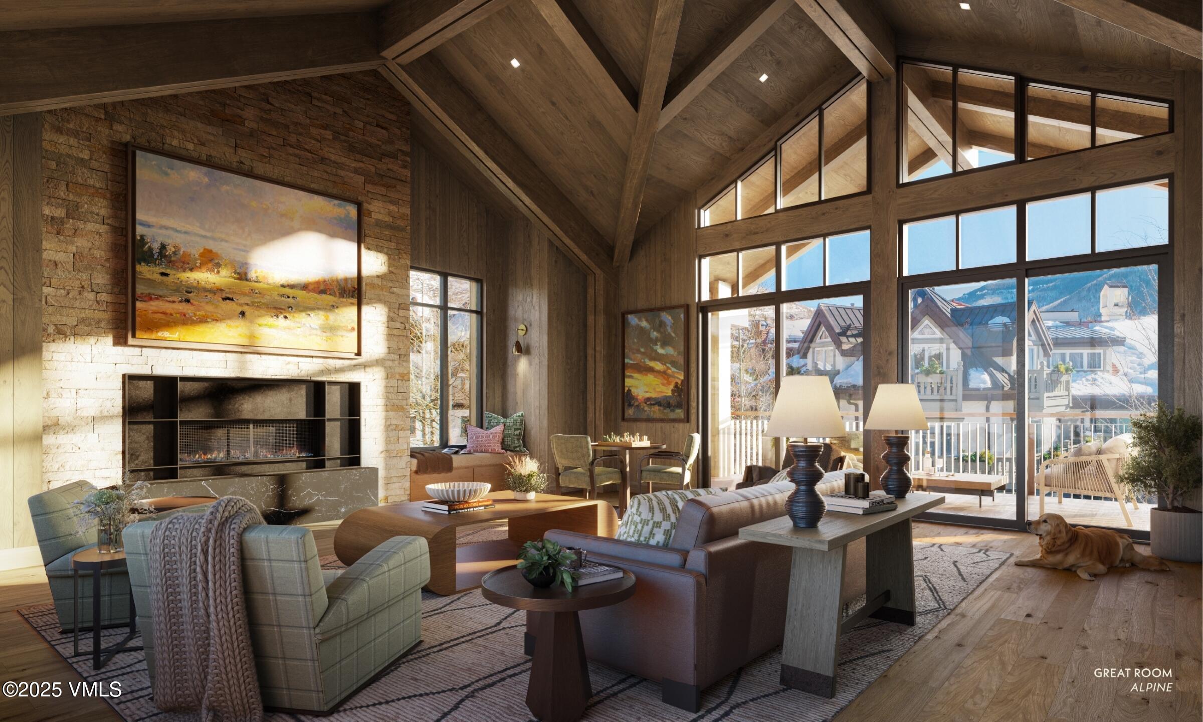 17 Vail Road, Unit 1 Vail, CO 81657 - Photo 9 of 16 a living room with fireplace furniture and a floor to ceiling window