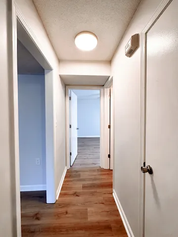 a view of a hallway with wooden floor and closet