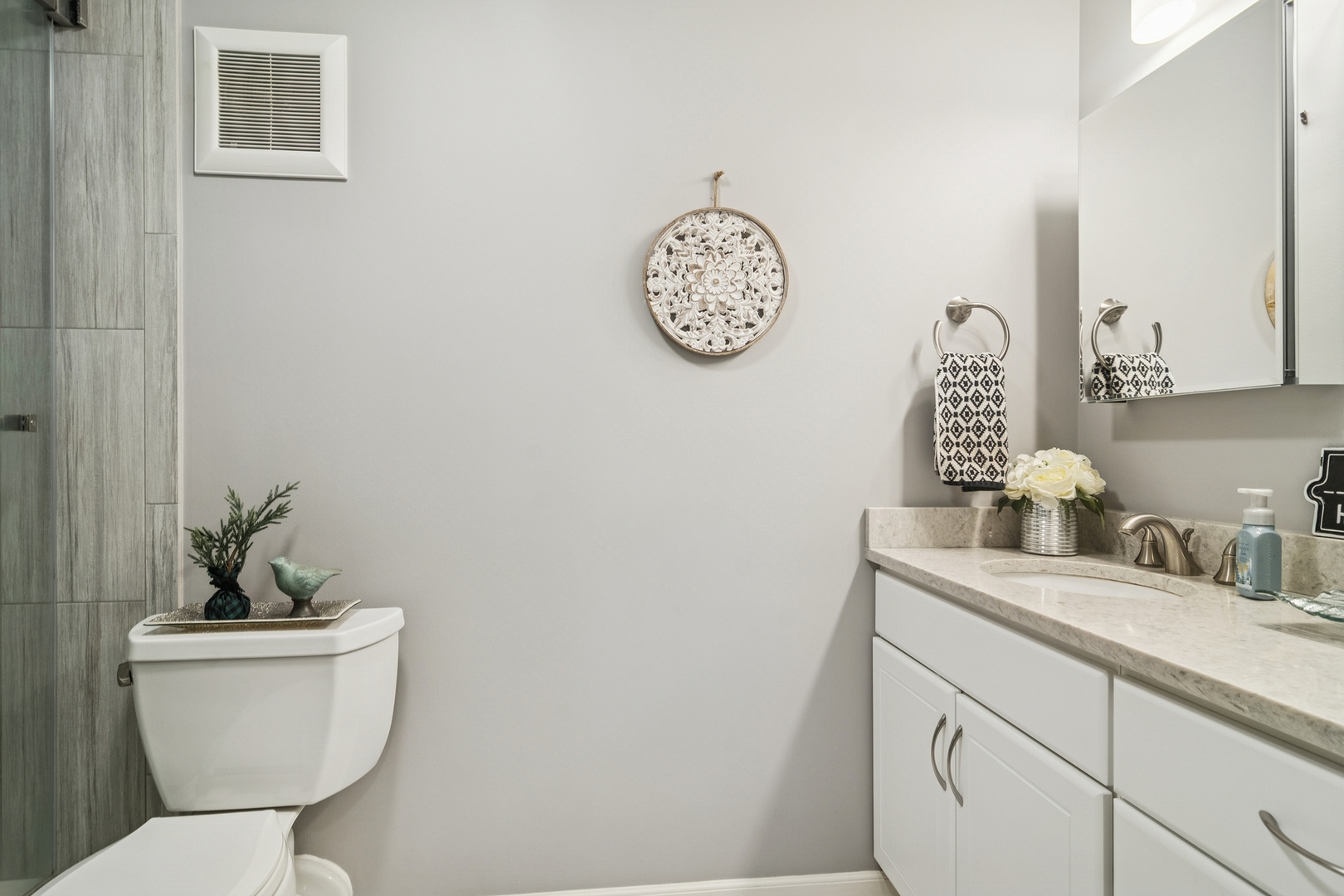 1605 East Central Road, Unit 111B Arlington Heights, IL 60005 - Photo 17 of 26 a bathroom with a toilet a sink and mirror