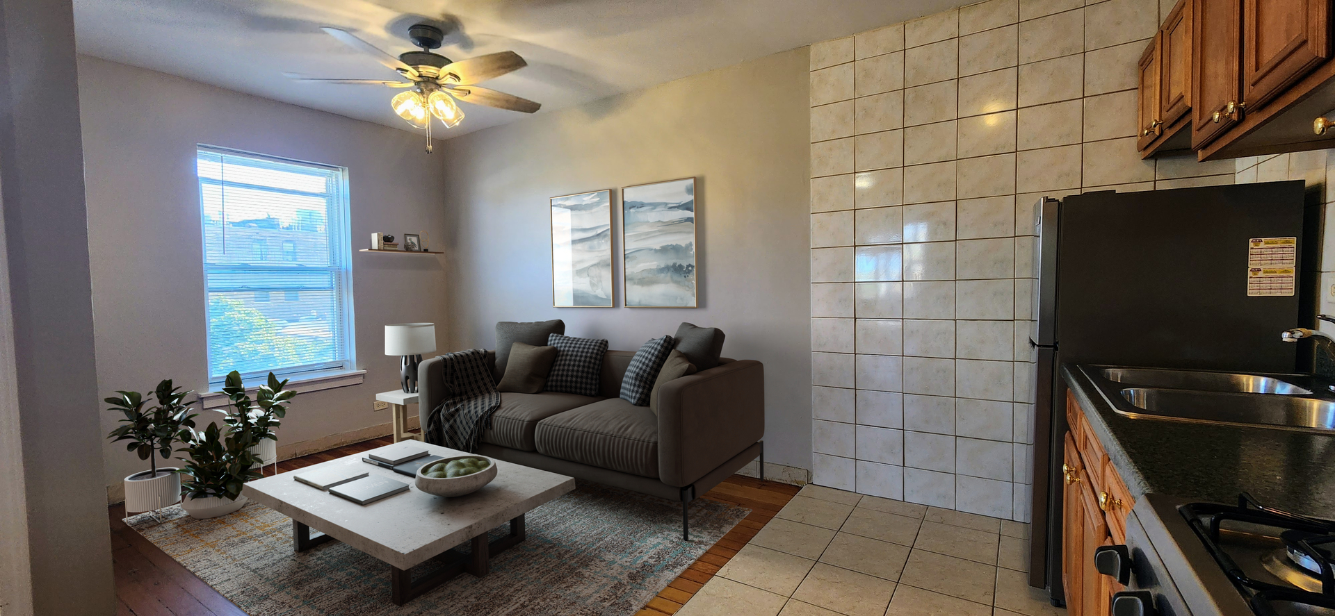 4764 North Virginia Avenue, Unit 206 Chicago, IL 60625 - Photo 2 of 16 a living room with patio a couch and a flat screen tv