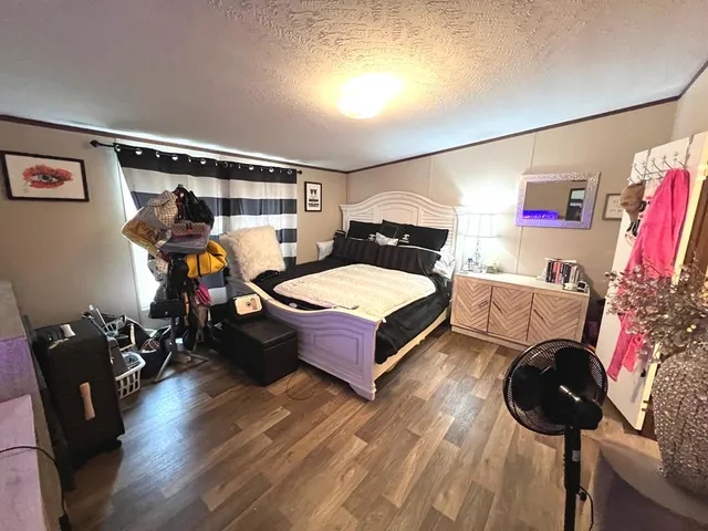 a bed room with a bed window and wall painting