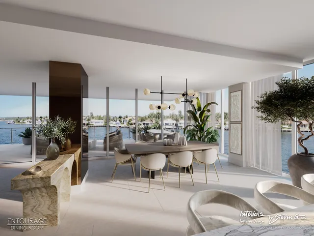 a living room with furniture potted plant and a large mirror